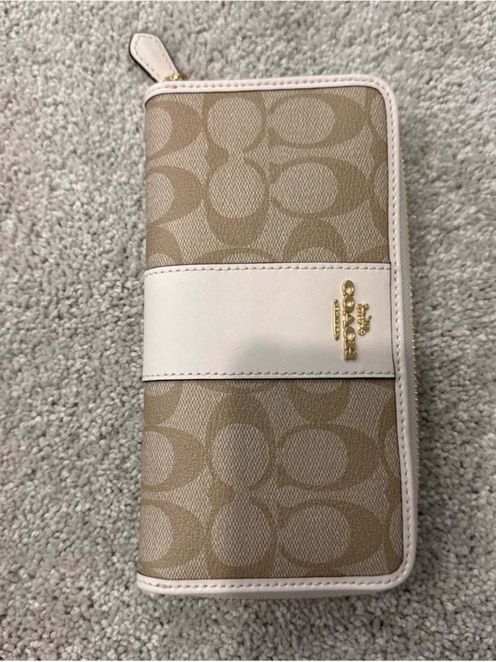 Coach Tan Signature Canvas Zip Wallet with Cream Leather Accent